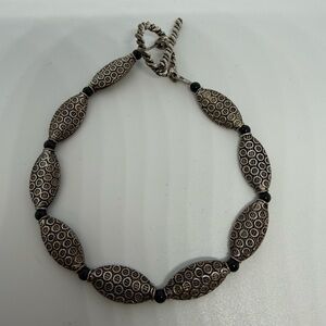 Vintage Silver Tone Textured Oval Bead Toggle Bracelet 7.5”